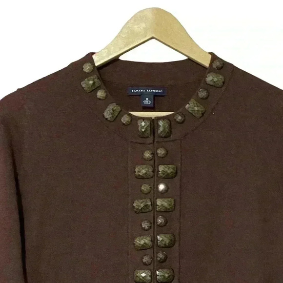Banana Republic Sweater Women’s Medium Brown Border Embellished Wool Blend - Picture 3 of 6